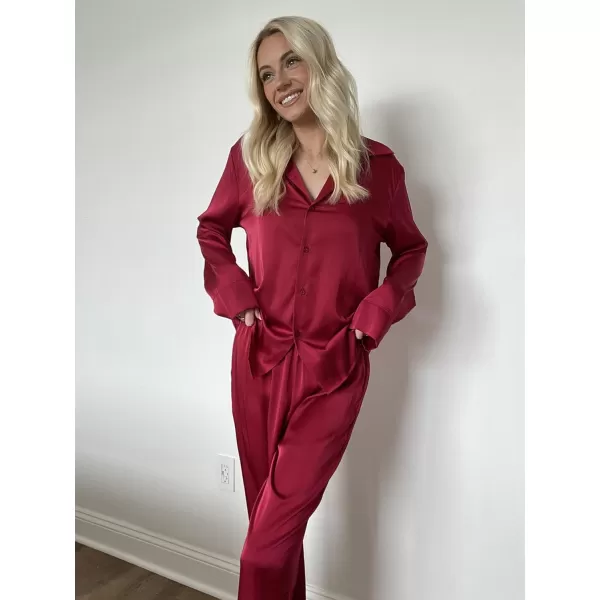 Ekouaer Classic Satin Pajamas for Women Long Sleeve Button Down Sleepwear Soft Silk Loungewear Pjs Set SXXLWine Red