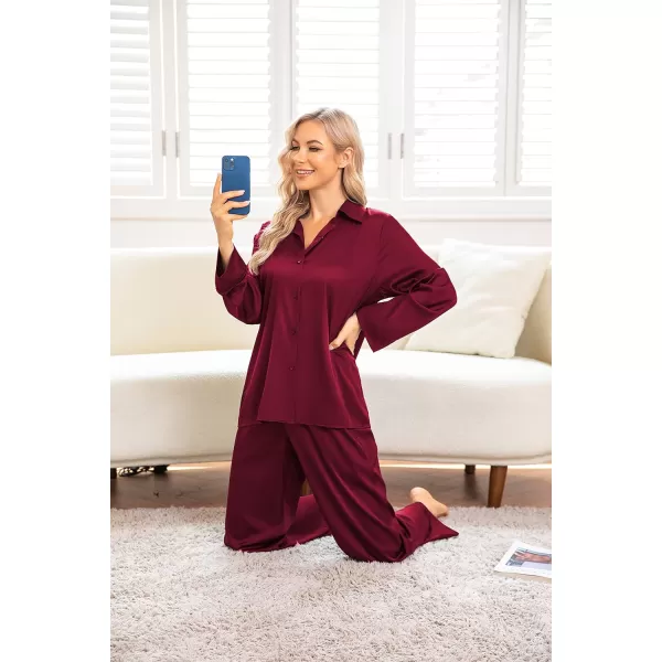 Ekouaer Classic Satin Pajamas for Women Long Sleeve Button Down Sleepwear Soft Silk Loungewear Pjs Set SXXLWine Red