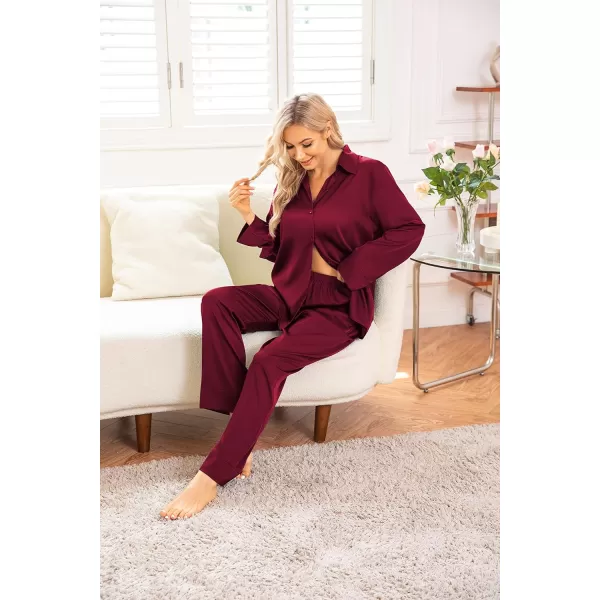 Ekouaer Classic Satin Pajamas for Women Long Sleeve Button Down Sleepwear Soft Silk Loungewear Pjs Set SXXLWine Red