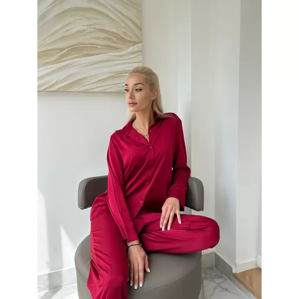 Ekouaer Classic Satin Pajamas for Women Long Sleeve Button Down Sleepwear Soft Silk Loungewear Pjs Set SXXLWine Red2