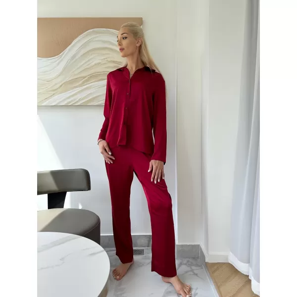 Ekouaer Classic Satin Pajamas for Women Long Sleeve Button Down Sleepwear Soft Silk Loungewear Pjs Set SXXLWine Red2