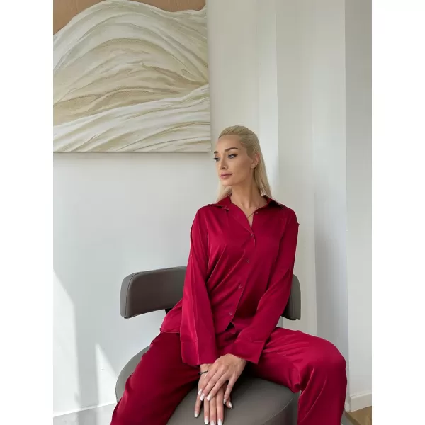Ekouaer Classic Satin Pajamas for Women Long Sleeve Button Down Sleepwear Soft Silk Loungewear Pjs Set SXXLWine Red2