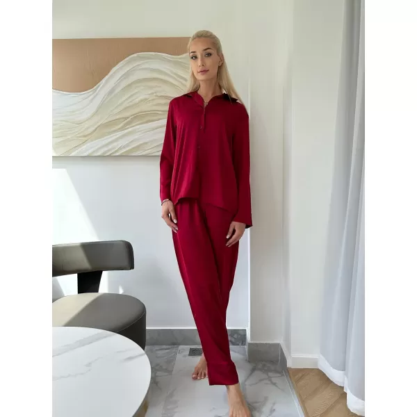 Ekouaer Classic Satin Pajamas for Women Long Sleeve Button Down Sleepwear Soft Silk Loungewear Pjs Set SXXLWine Red2
