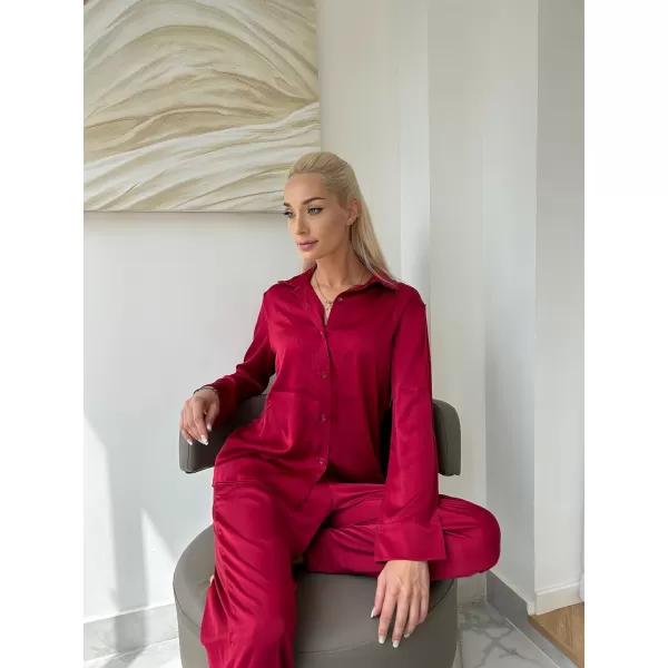 Ekouaer Classic Satin Pajamas for Women Long Sleeve Button Down Sleepwear Soft Silk Loungewear Pjs Set SXXLWine Red2