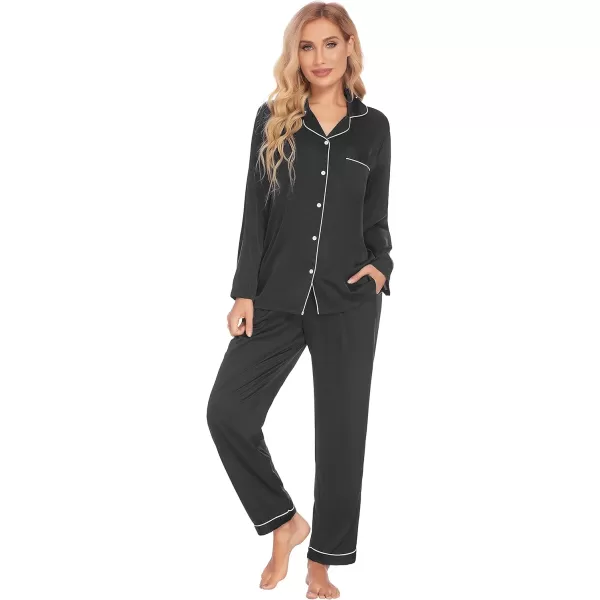 Ekouaer Couples Matching Pajamas Silk Long Sleeve Sleepwear Satin Soft Button Down Loungewear Pjs Set SXXLMen Black