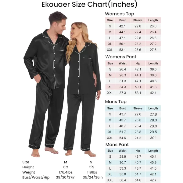 Ekouaer Couples Matching Pajamas Silk Long Sleeve Sleepwear Satin Soft Button Down Loungewear Pjs Set SXXLMen Black