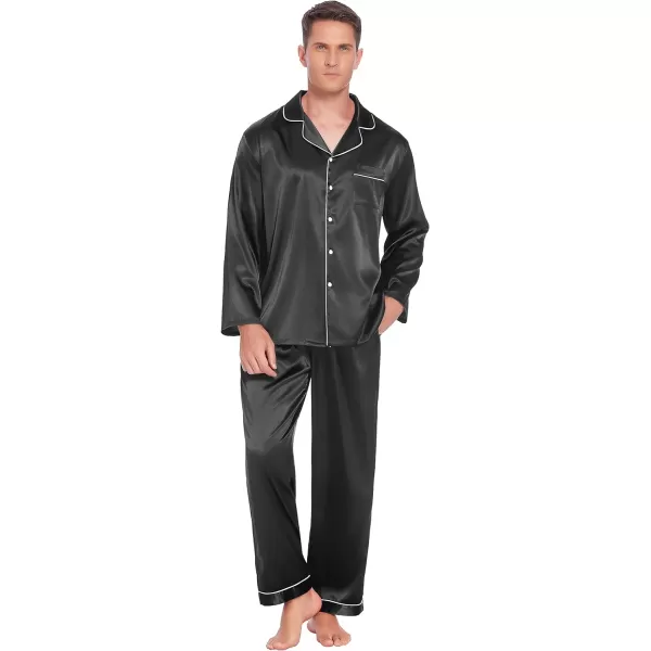 Ekouaer Couples Matching Pajamas Silk Long Sleeve Sleepwear Satin Soft Button Down Loungewear Pjs Set SXXLMen Black