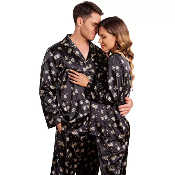 Ekouaer Couples Matching Pajamas Silk Long Sleeve Sleepwear Satin Soft Button Down Loungewear Pjs Set SXXLMen Black With Snowflakes