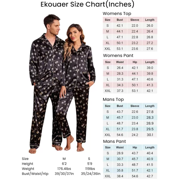 Ekouaer Couples Matching Pajamas Silk Long Sleeve Sleepwear Satin Soft Button Down Loungewear Pjs Set SXXLMen Black With Snowflakes