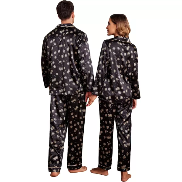 Ekouaer Couples Matching Pajamas Silk Long Sleeve Sleepwear Satin Soft Button Down Loungewear Pjs Set SXXLMen Black With Snowflakes