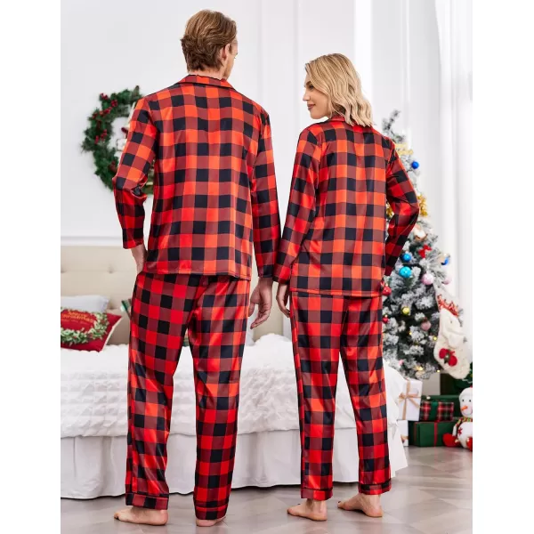 Ekouaer Couples Matching Pajamas Silk Long Sleeve Sleepwear Satin Soft Button Down Loungewear Pjs Set SXXLMen Black and Red Plaid