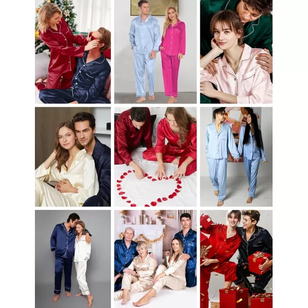 Ekouaer Couples Matching Pajamas Silk Long Sleeve Sleepwear Satin Soft Button Down Loungewear Pjs Set SXXLMen Brown