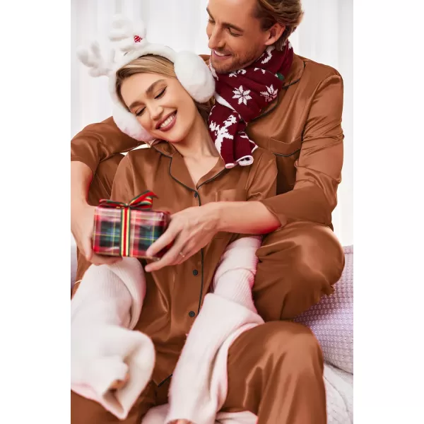 Ekouaer Couples Matching Pajamas Silk Long Sleeve Sleepwear Satin Soft Button Down Loungewear Pjs Set SXXLMen Brown