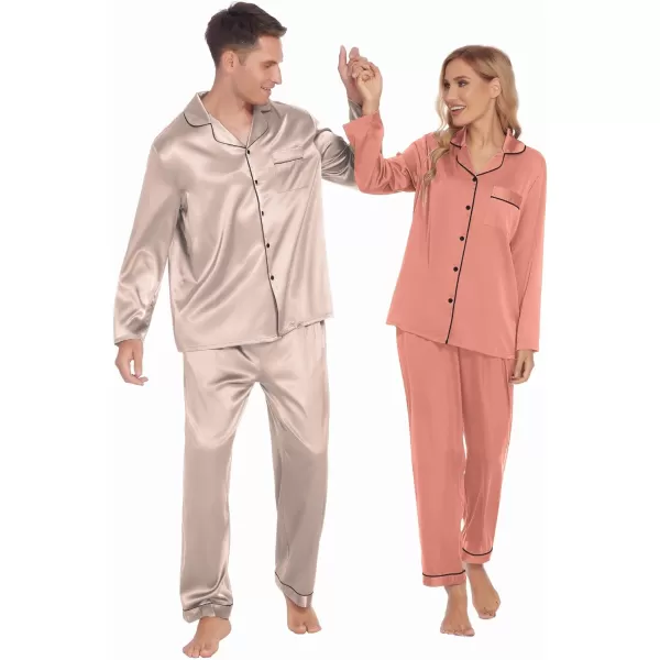 Ekouaer Couples Matching Pajamas Silk Long Sleeve Sleepwear Satin Soft Button Down Loungewear Pjs Set SXXLMen Champagne Gold