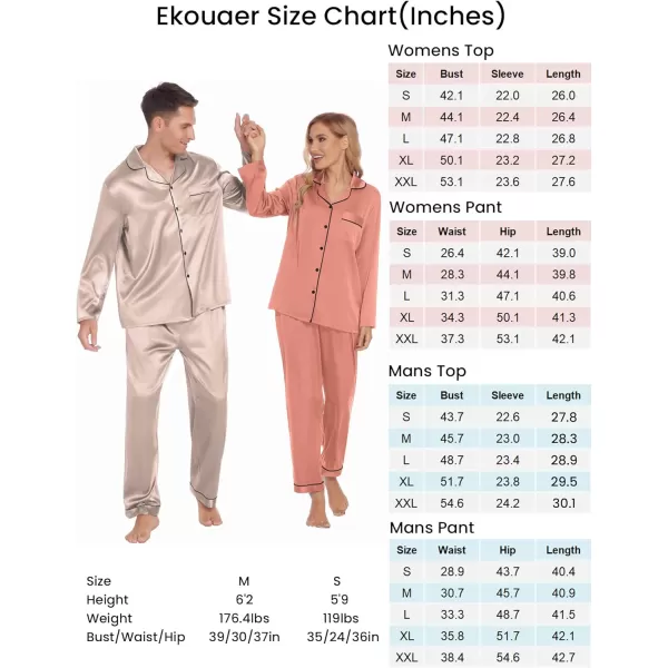 Ekouaer Couples Matching Pajamas Silk Long Sleeve Sleepwear Satin Soft Button Down Loungewear Pjs Set SXXLMen Champagne Gold