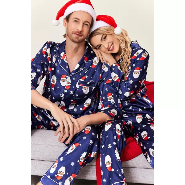 Ekouaer Couples Matching Pajamas Silk Long Sleeve Sleepwear Satin Soft Button Down Loungewear Pjs Set SXXLMen Christmas Navy