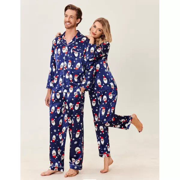 Ekouaer Couples Matching Pajamas Silk Long Sleeve Sleepwear Satin Soft Button Down Loungewear Pjs Set SXXLMen Christmas Navy