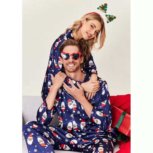 Ekouaer Couples Matching Pajamas Silk Long Sleeve Sleepwear Satin Soft Button Down Loungewear Pjs Set SXXLMen Christmas Navy