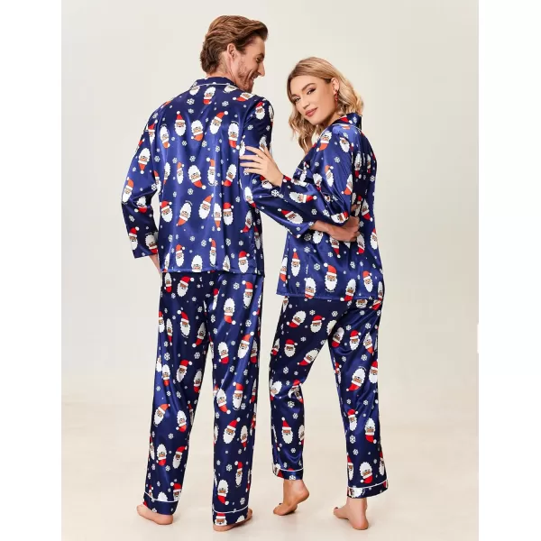 Ekouaer Couples Matching Pajamas Silk Long Sleeve Sleepwear Satin Soft Button Down Loungewear Pjs Set SXXLMen Christmas Navy