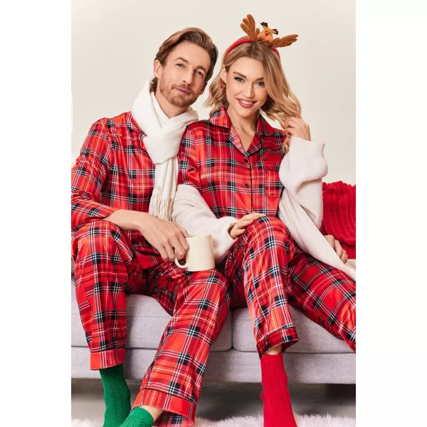 Ekouaer Couples Matching Pajamas Silk Long Sleeve Sleepwear Satin Soft Button Down Loungewear Pjs Set SXXLMen Christmas Red Plaid