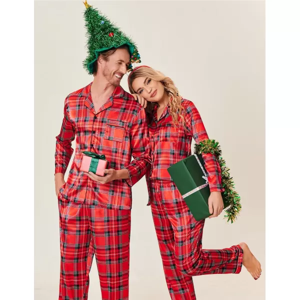 Ekouaer Couples Matching Pajamas Silk Long Sleeve Sleepwear Satin Soft Button Down Loungewear Pjs Set SXXLMen Christmas Red Plaid