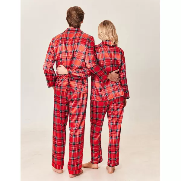 Ekouaer Couples Matching Pajamas Silk Long Sleeve Sleepwear Satin Soft Button Down Loungewear Pjs Set SXXLMen Christmas Red Plaid