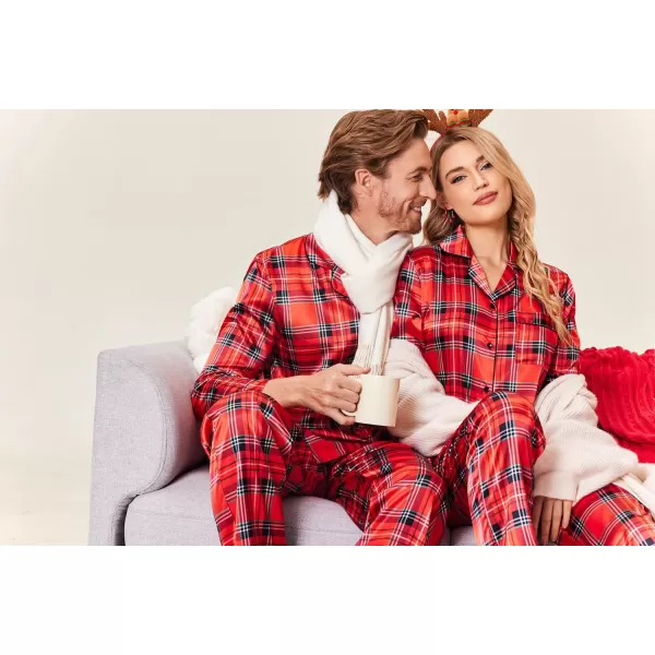 Ekouaer Couples Matching Pajamas Silk Long Sleeve Sleepwear Satin Soft Button Down Loungewear Pjs Set SXXLMen Christmas Red Plaid