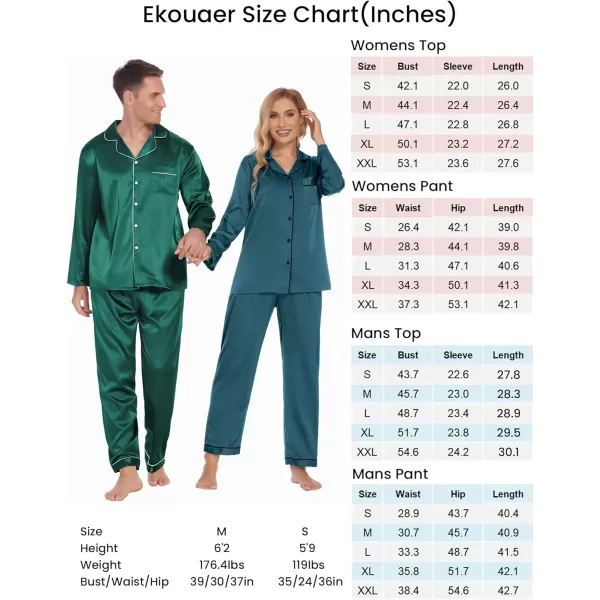 Ekouaer Couples Matching Pajamas Silk Long Sleeve Sleepwear Satin Soft Button Down Loungewear Pjs Set SXXLMen Green