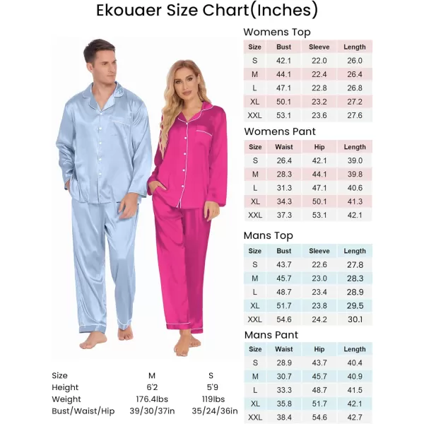 Ekouaer Couples Matching Pajamas Silk Long Sleeve Sleepwear Satin Soft Button Down Loungewear Pjs Set SXXLMen Grey Blue