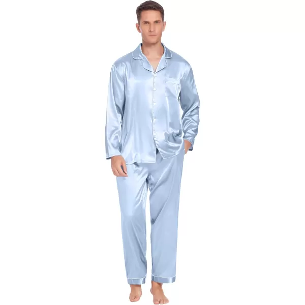 Ekouaer Couples Matching Pajamas Silk Long Sleeve Sleepwear Satin Soft Button Down Loungewear Pjs Set SXXLMen Grey Blue