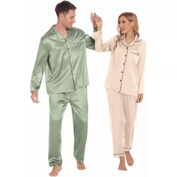 Ekouaer Couples Matching Pajamas Silk Long Sleeve Sleepwear Satin Soft Button Down Loungewear Pjs Set SXXLMen Grey Green