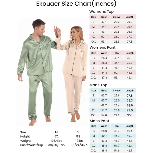 Ekouaer Couples Matching Pajamas Silk Long Sleeve Sleepwear Satin Soft Button Down Loungewear Pjs Set SXXLMen Grey Green