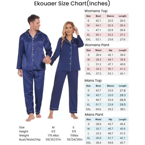 Ekouaer Couples Matching Pajamas Silk Long Sleeve Sleepwear Satin Soft Button Down Loungewear Pjs Set SXXLMen Navy