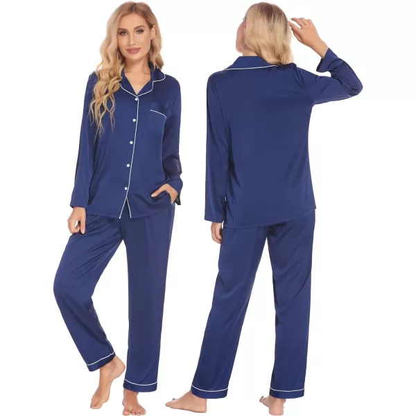 Ekouaer Couples Matching Pajamas Silk Long Sleeve Sleepwear Satin Soft Button Down Loungewear Pjs Set SXXLMen Navy