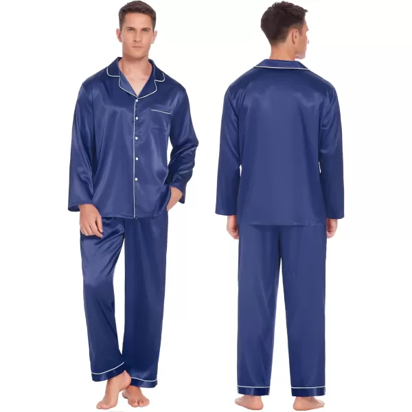 Ekouaer Couples Matching Pajamas Silk Long Sleeve Sleepwear Satin Soft Button Down Loungewear Pjs Set SXXLMen Navy