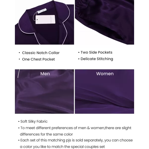 Ekouaer Couples Matching Pajamas Silk Long Sleeve Sleepwear Satin Soft Button Down Loungewear Pjs Set SXXLMen Purple