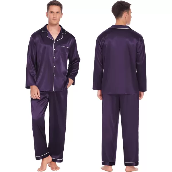 Ekouaer Couples Matching Pajamas Silk Long Sleeve Sleepwear Satin Soft Button Down Loungewear Pjs Set SXXLMen Purple