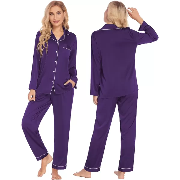 Ekouaer Couples Matching Pajamas Silk Long Sleeve Sleepwear Satin Soft Button Down Loungewear Pjs Set SXXLMen Purple