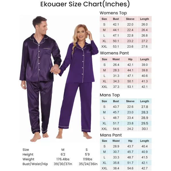 Ekouaer Couples Matching Pajamas Silk Long Sleeve Sleepwear Satin Soft Button Down Loungewear Pjs Set SXXLMen Purple