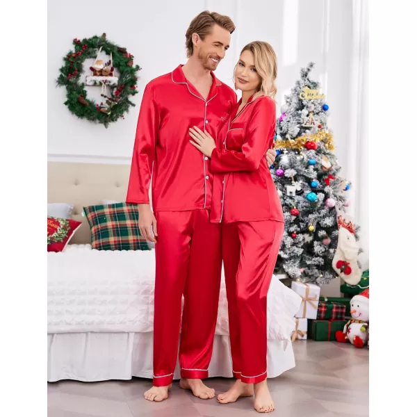 Ekouaer Couples Matching Pajamas Silk Long Sleeve Sleepwear Satin Soft Button Down Loungewear Pjs Set SXXLMen Red