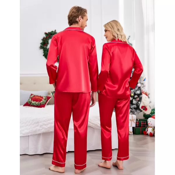 Ekouaer Couples Matching Pajamas Silk Long Sleeve Sleepwear Satin Soft Button Down Loungewear Pjs Set SXXLMen Red