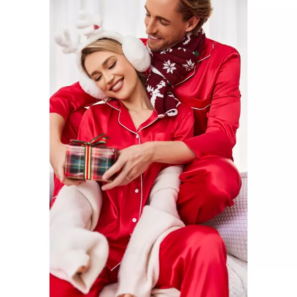 Ekouaer Couples Matching Pajamas Silk Long Sleeve Sleepwear Satin Soft Button Down Loungewear Pjs Set SXXLMen Red