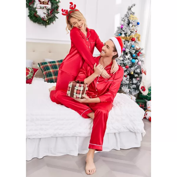 Ekouaer Couples Matching Pajamas Silk Long Sleeve Sleepwear Satin Soft Button Down Loungewear Pjs Set SXXLMen Red