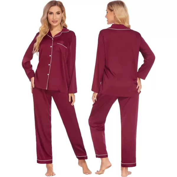 Ekouaer Couples Matching Pajamas Silk Long Sleeve Sleepwear Satin Soft Button Down Loungewear Pjs Set SXXLMen Wine