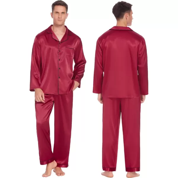 Ekouaer Couples Matching Pajamas Silk Long Sleeve Sleepwear Satin Soft Button Down Loungewear Pjs Set SXXLMen Wine