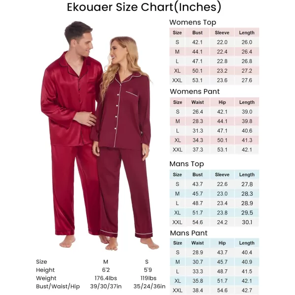 Ekouaer Couples Matching Pajamas Silk Long Sleeve Sleepwear Satin Soft Button Down Loungewear Pjs Set SXXLMen Wine