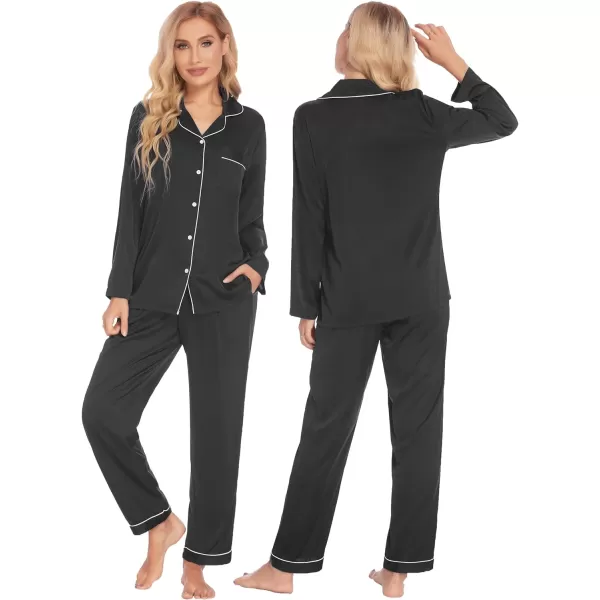 Ekouaer Couples Matching Pajamas Silk Long Sleeve Sleepwear Satin Soft Button Down Loungewear Pjs Set SXXLWomen Black