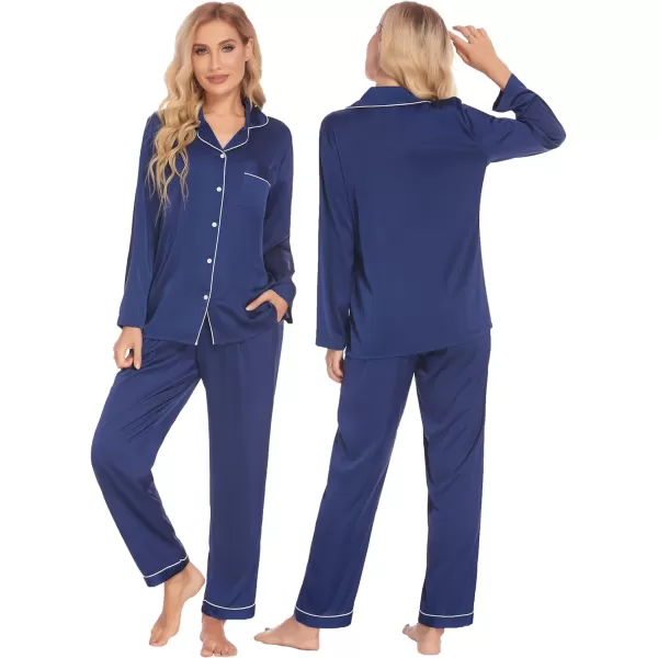 Ekouaer Couples Matching Pajamas Silk Long Sleeve Sleepwear Satin Soft Button Down Loungewear Pjs Set SXXLWomen Navy