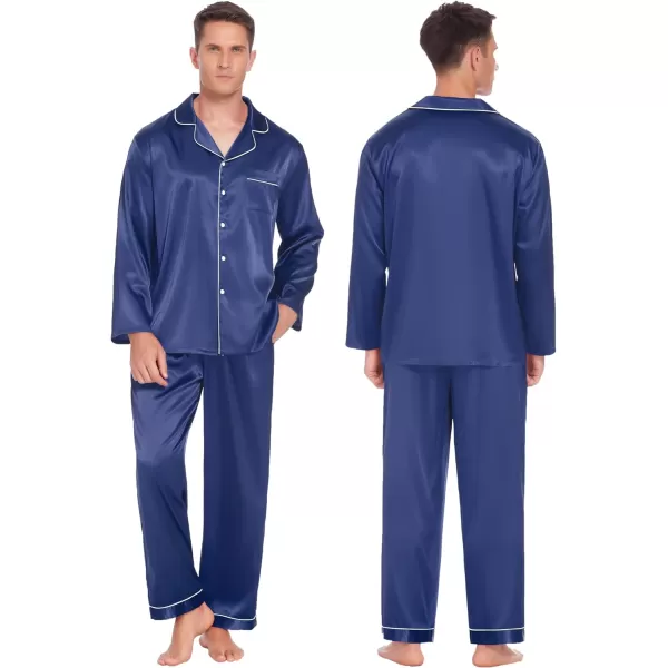 Ekouaer Couples Matching Pajamas Silk Long Sleeve Sleepwear Satin Soft Button Down Loungewear Pjs Set SXXLWomen Navy