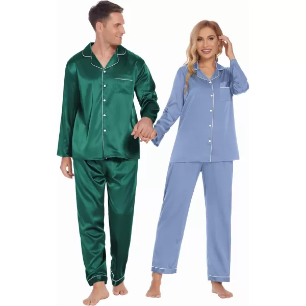 Ekouaer Couples Matching Pajamas Silk Long Sleeve Sleepwear Satin Soft Button Down Loungewear Pjs Set SXXLWomen Periwinkle